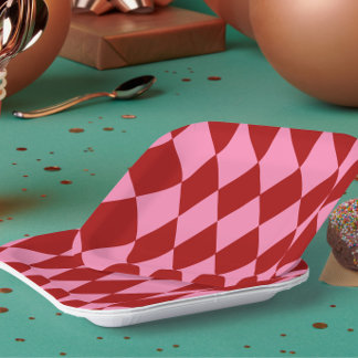 Assiettes En Carton Motif à carreaux Harlequin rose rouge