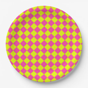 Assiettes En Carton Motif à carreaux jaune rose