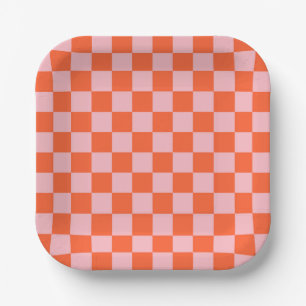 Assiettes En Carton Motif à carreaux orange et rose