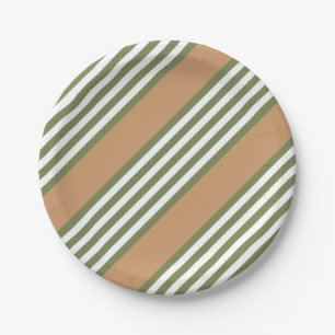 Assiettes En Carton Motif à cinq bandes vert olive et blanc avec bronz
