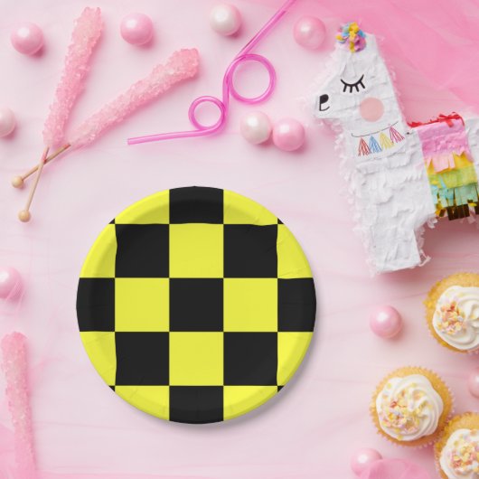 Assiettes En Carton Motif À damiers noir et jaune (Fête)