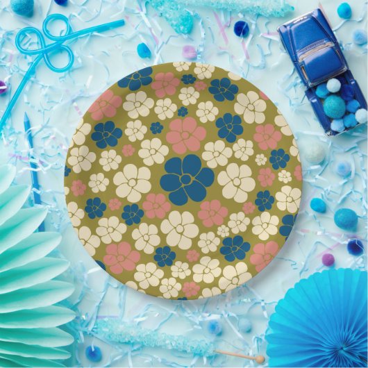 Assiettes En Carton Motif à fleurs - Bleu, Vert olive, Rose et Crème (Fête)
