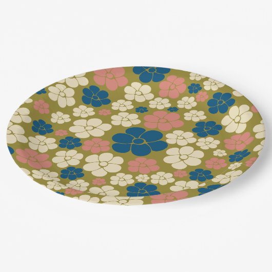 Assiettes En Carton Motif à fleurs - Bleu, Vert olive, Rose et Crème (Angle)
