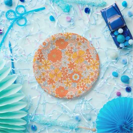 Assiettes En Carton Motif à fleurs Orange Retro (Fête)