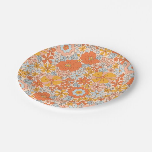 Assiettes En Carton Motif à fleurs Orange Retro (Angle)