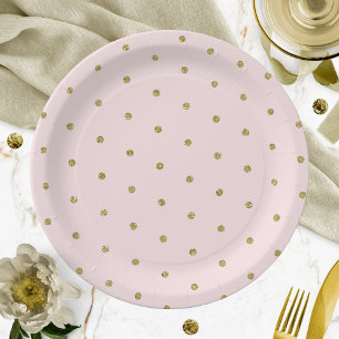 Assiettes En Carton Motif à pois pailleté or rose clair