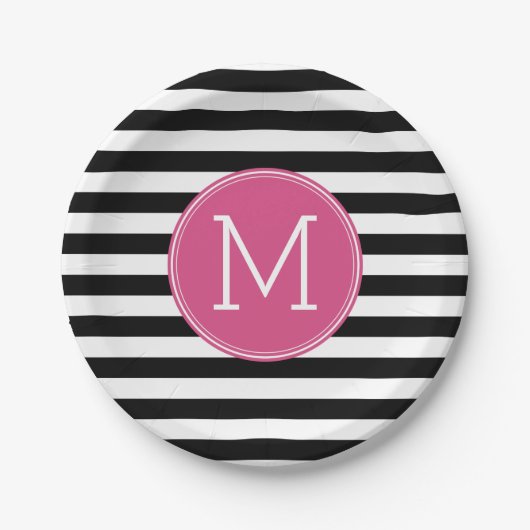 Assiettes En Carton Motif à rayures noir et blanc Monogramme rose chau (Devant)