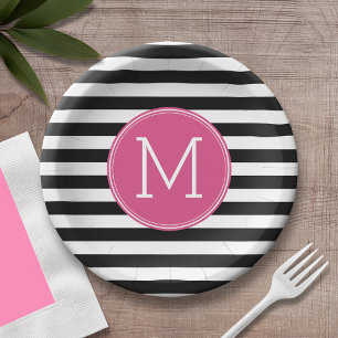 Assiettes En Carton Motif à rayures noir et blanc Monogramme rose chau