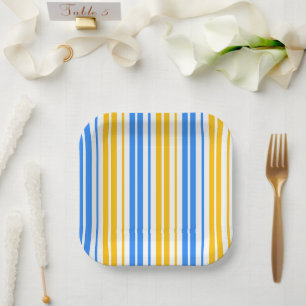 Assiettes En Carton Motif à rayures verticales jaunes bleues et blanch