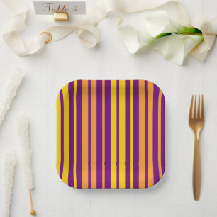 Assiettes En Carton Motif à rayures verticales jaunes orange et violet