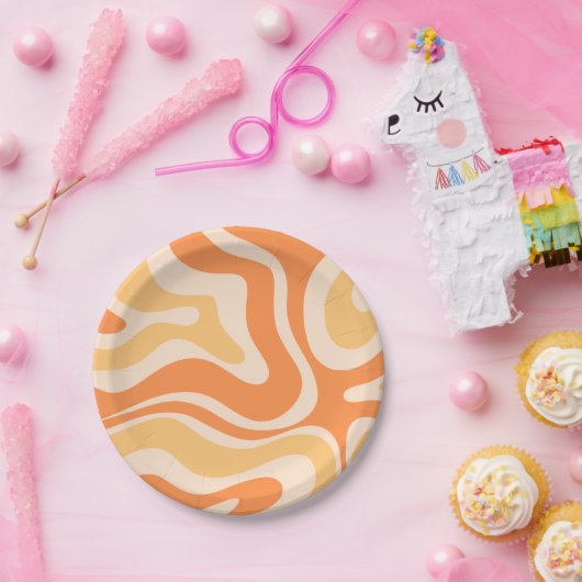 Assiettes En Carton Motif Abstrait Retro Liquid Swirl dans Soft Orange (Fête)