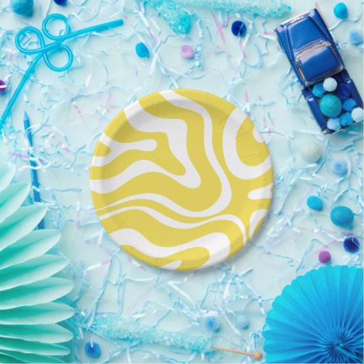 Assiettes En Carton Motif Abstrait Retro Liquid Swirl en jaune (Fête)
