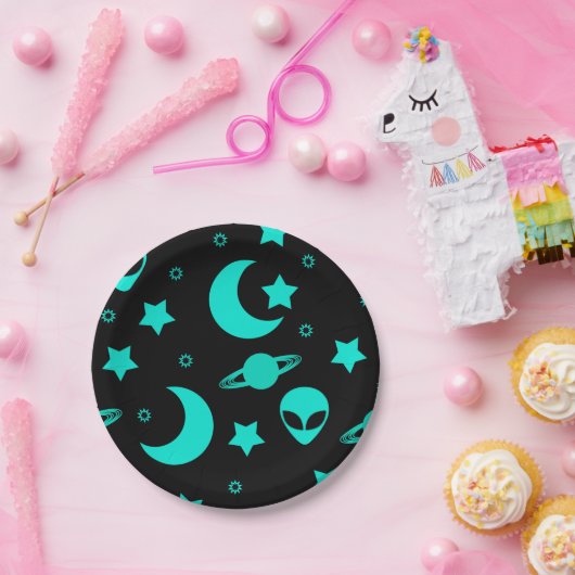 Assiettes En Carton Motif Alien turquoise avec étoiles et lunes (Fête)