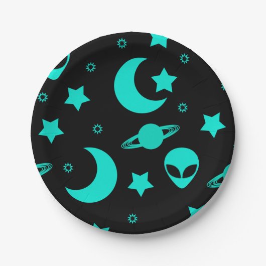 Assiettes En Carton Motif Alien turquoise avec étoiles et lunes (Devant)