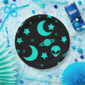 Assiettes En Carton Motif Alien turquoise avec étoiles et lunes (Fête)
