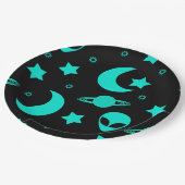 Assiettes En Carton Motif Alien turquoise avec étoiles et lunes (Angle)