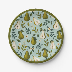 Assiettes En Carton Motif aquarelle de poire verte sur bleu poussiéreu
