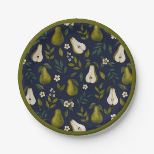 Assiettes En Carton Motif aquarelle de poire verte sur fond bleu foncé
