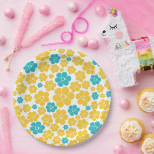 Assiettes En Carton Motif aux fleurs - Turquoise et Jaune