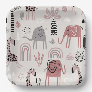 Assiettes En Carton motif avec des éléphants et des girafes mignons gé