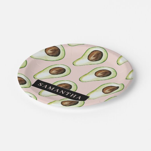 Assiettes En Carton Motif Avocado Rose Et Vert Moderne Avec Nom (Angle)