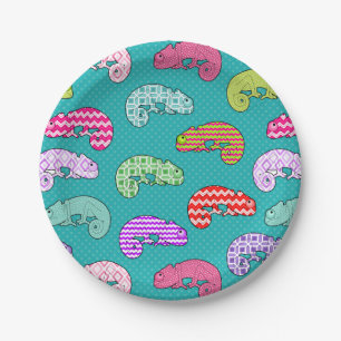 Assiettes En Carton Motif bleu de caméléon d'arc-en-ciel