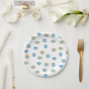 Assiettes En Carton Motif bleu, or et blanc de l'oeil grec Mati