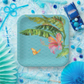Assiettes En Carton Motif Bleu Tropical Vert feuilles rose Floral (Fête)