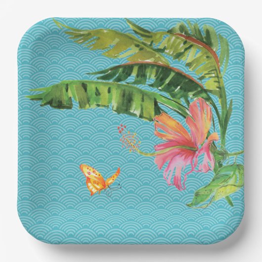 Assiettes En Carton Motif Bleu Tropical Vert feuilles rose Floral (Recto)