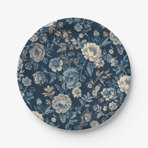 Assiettes En Carton Motif botanique floral vintage bleu marine