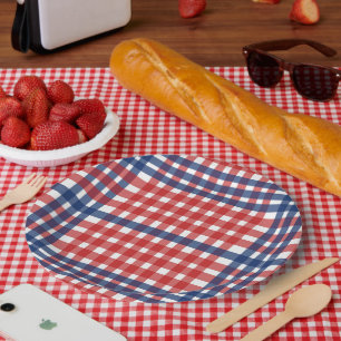 Assiettes En Carton Motif carreaux patriotique rouge blanc bleu