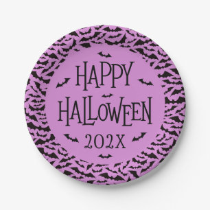 Assiettes En Carton Motif chauve-souris violet noir Bonne Halloween an