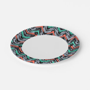 Assiettes En Carton Motif Chevron Grise, Turquoise Et Corail