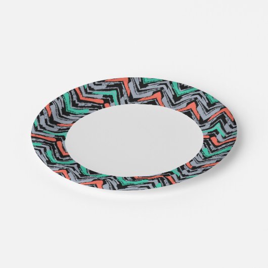 Assiettes En Carton Motif Chevron Grise, Turquoise Et Corail (Angle)