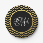 Assiettes En Carton Motif Chevron noir et or Triple Monogramme (Devant)