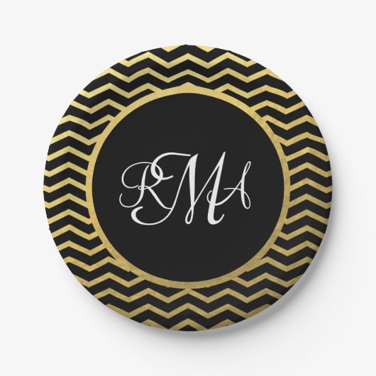 Assiettes En Carton Motif Chevron noir et or Triple Monogramme (Devant)