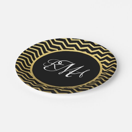 Assiettes En Carton Motif Chevron noir et or Triple Monogramme (Angle)
