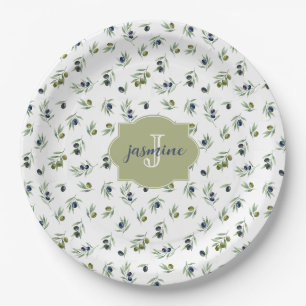 Assiettes En Carton Motif chic aquarelle monogramme nom vert olive