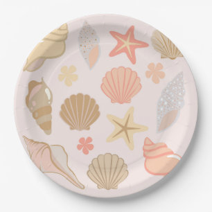 Assiettes En Carton Motif Coquilles de Mer Roses