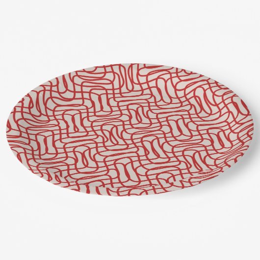 Assiettes En Carton Motif Crème Et Ligne Abstraite Rouge (Angle)
