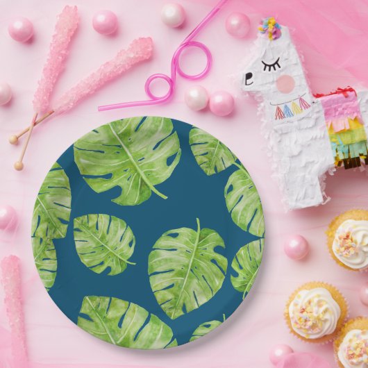 Assiettes En Carton Motif Cute Chic Banane feuille bleu vert (Fête)