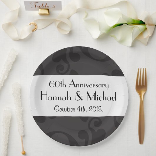 Assiettes En Carton Motif Damas, Damas gris, Anniversaire (Mariage)