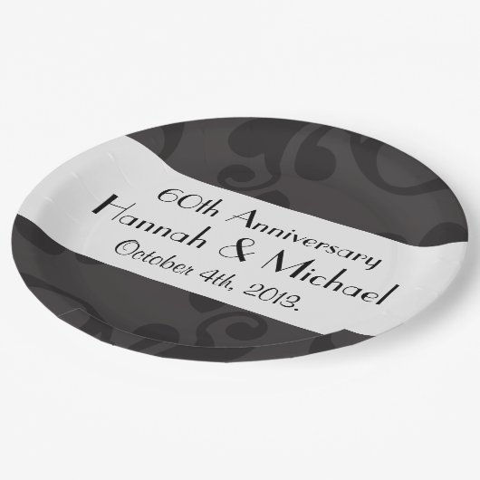 Assiettes En Carton Motif Damas, Damas gris, Anniversaire (Angle)