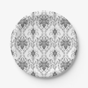 Assiettes En Carton Motif Damask blanc et gris