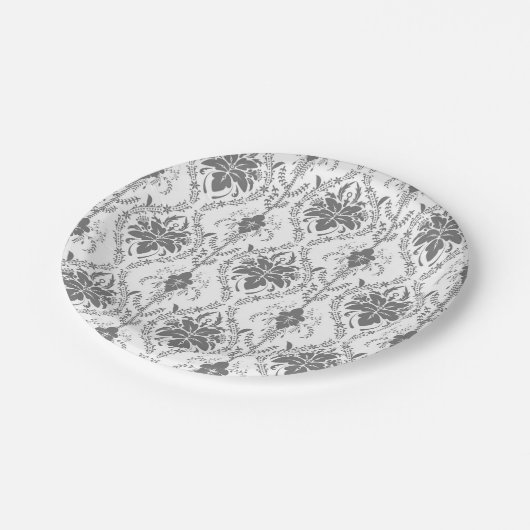 Assiettes En Carton Motif Damask blanc et gris (Angle)