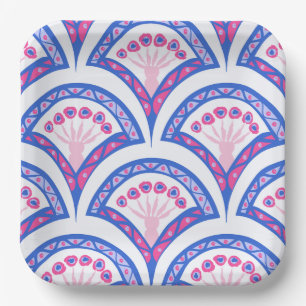 Assiettes En Carton motif damassé floral bleu