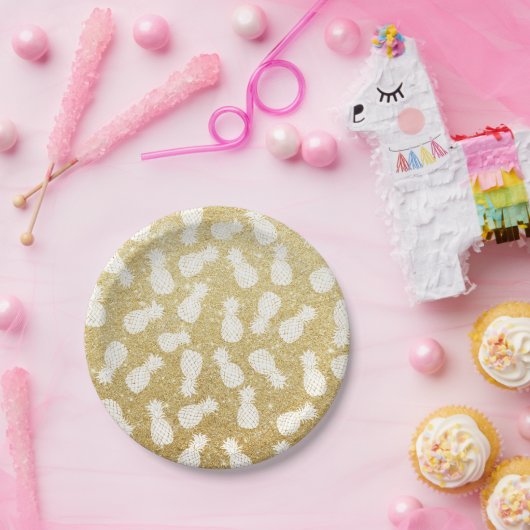 Assiettes En Carton motif d'ananas blanc sur parties scintillant or (Fête)