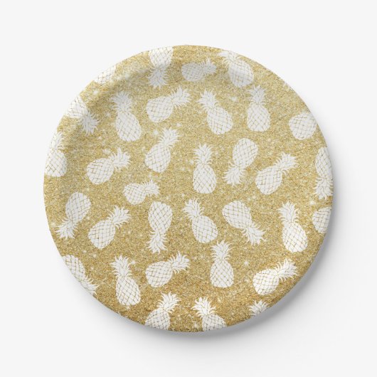 Assiettes En Carton motif d'ananas blanc sur parties scintillant or (Devant)