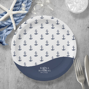 Assiettes En Carton Motif d'Ancre Vague Bleue V1 ID836