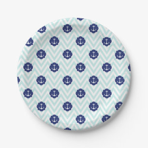 Assiettes En Carton Motif d'Ancres bleu marine Chevron nautique